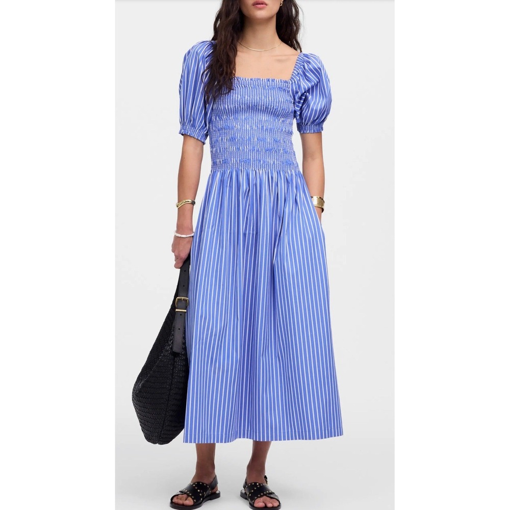 NWT Madewell Elena Blue Stripe Tiered Cotton Midi Dress Smoked Puff‎ Sleeve 2XL